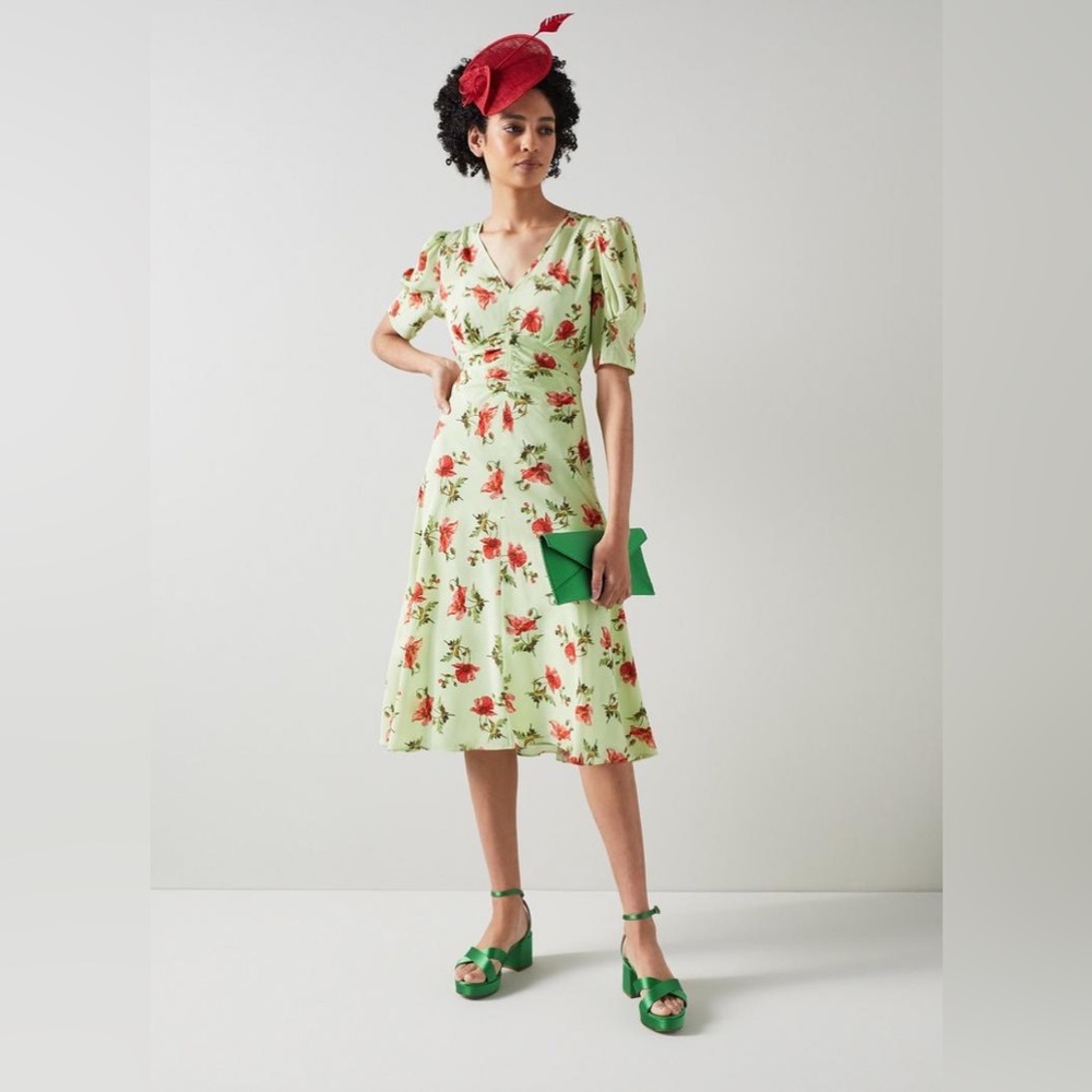 LK BENNETT Gabbi Green And Pink‎ Giant Poppy Print Stretch Silk Fairy Dress - Picture 3 of 16
